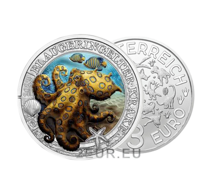 Oostenrijk 3 euromunt 2022 - Lichtgevend zeeleven - Blauwgeringde octopus