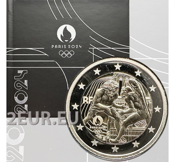 Frankrijk 2 euro Proof 2024 - Olympische Spelen Parijs 2024 - Hercules oefent worstelen - Notre Dame