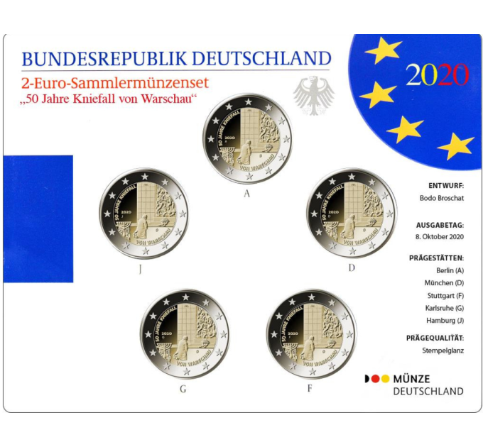 Duitsland 2 Euromuntset  BU 2020 - 50 jaar sinds de Kniefall von Warschau - Kniebuiging van Warschau - ADFGJ