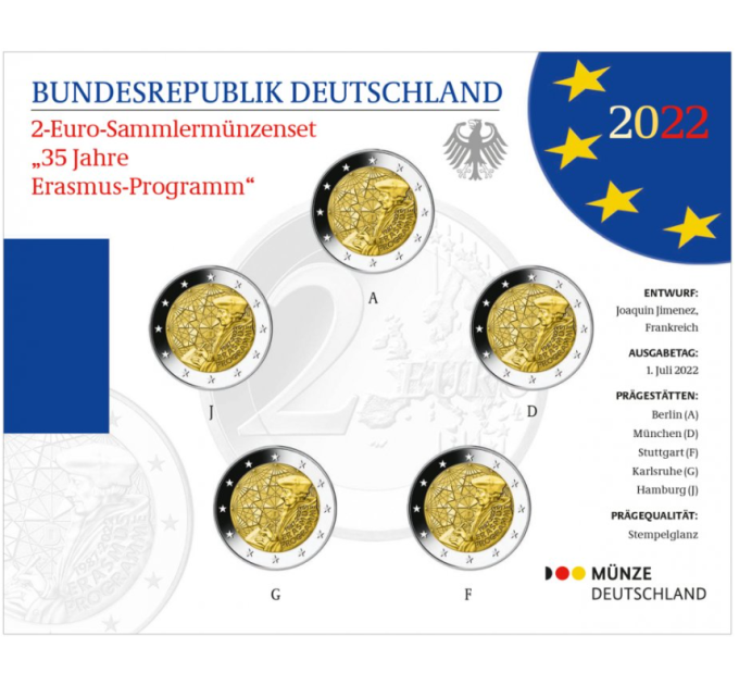 Duitsland 2 Euromuntset  BU 2022 - 35 jaar Erasmus - ADFGJ