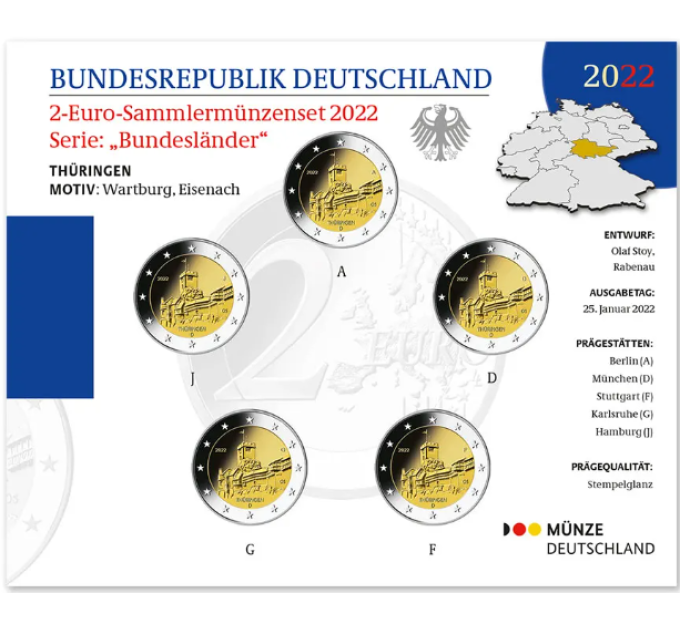 Duitsland 2 Euromuntset  BU 2022 - Thüringen. Kasteel Wartburg - ADFGJ