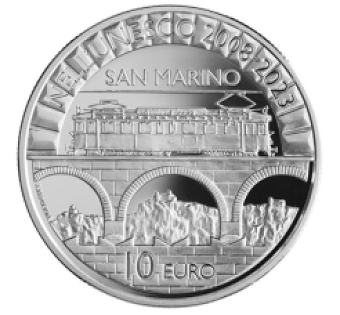 San Marino 10 euro proof 2023 - 15e verjaardag van de opname van de oude binnenstad van San Marino en de berg Titano op de Werelderfgoedlijst van UNESCO